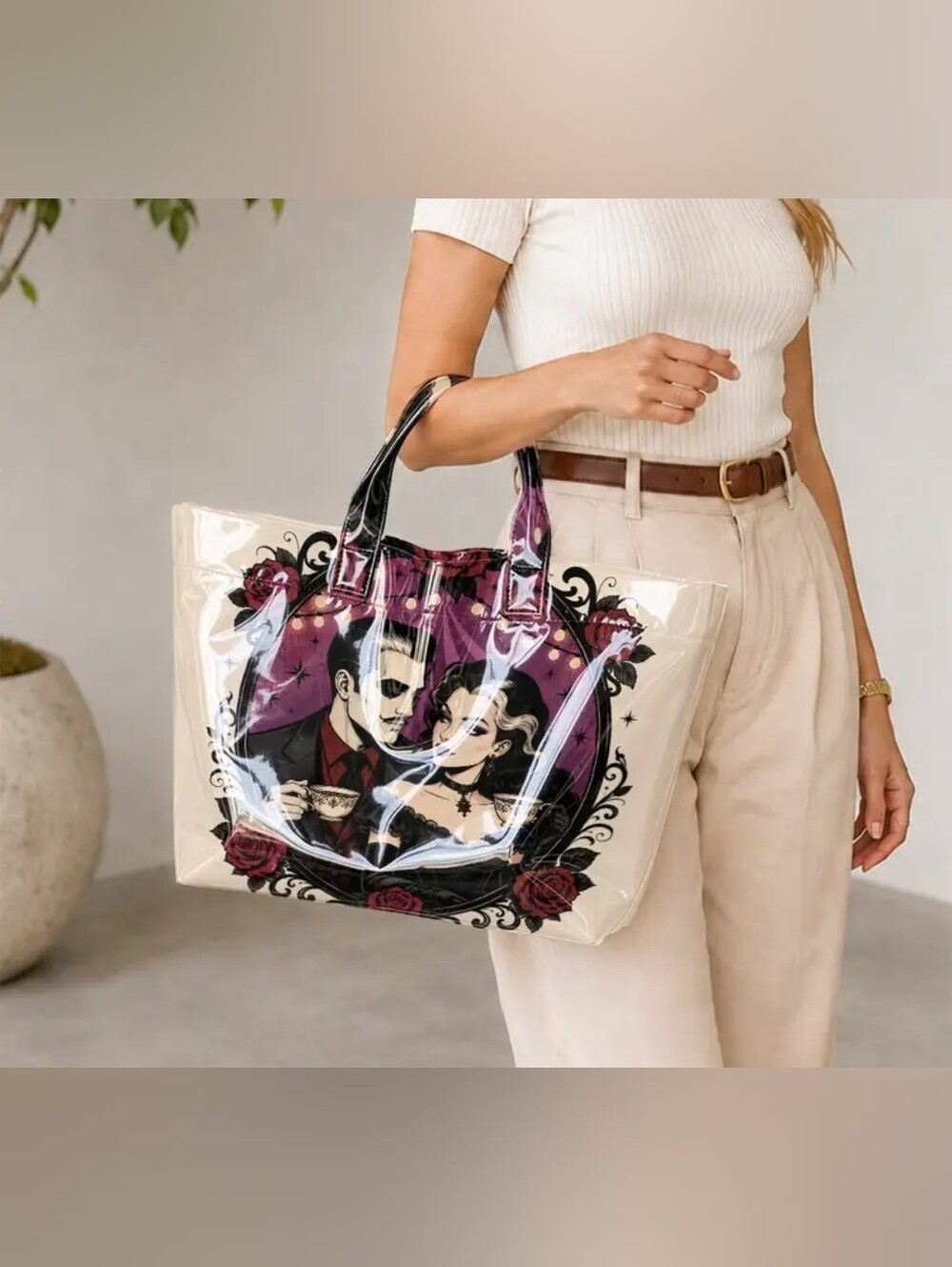 Gothic Romance Graphic Tote - Cream, Black & Purple - Picture 2 of 4